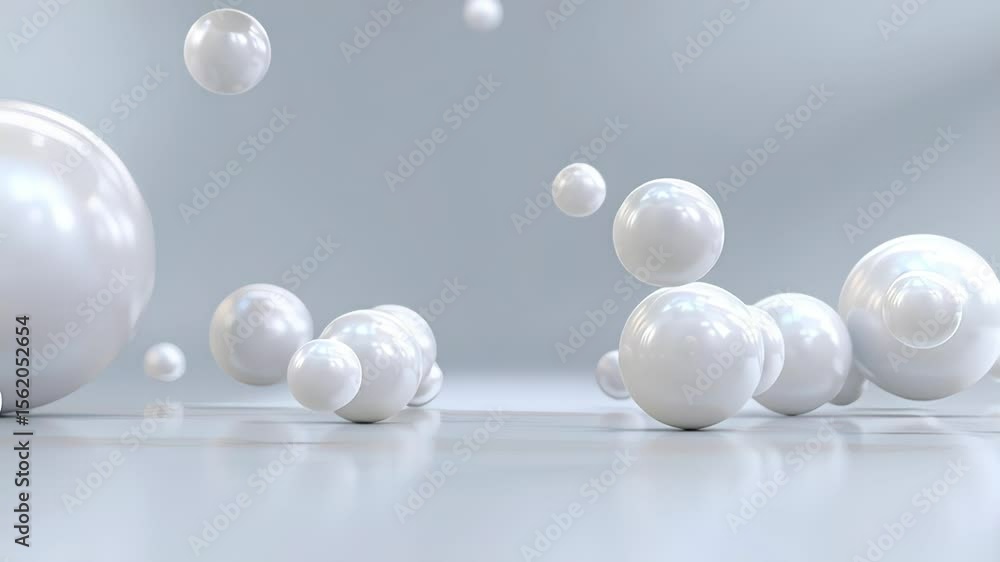 Poster floating glossy white spheres in a minimal and clean environment with soft lighting. concept of puri
