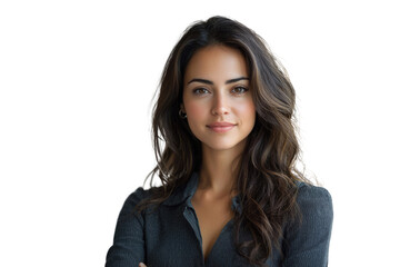 A portrait of a young woman with long, wavy brown hair, wearing a dark gray shirt. background removed
