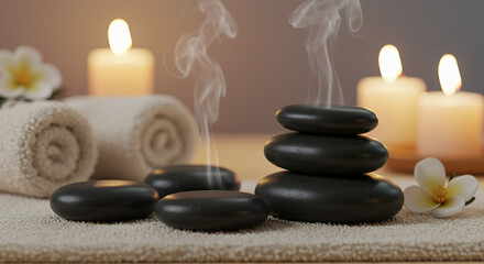 Stacked hot stones with steam, candles, and rolled towels in a serene spa environment
