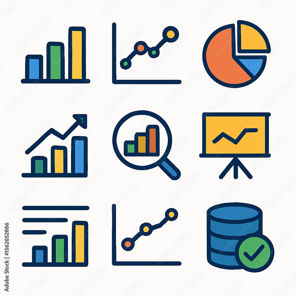 Poster business data analytics icons set depicting charts graphs and database visuals