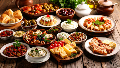 Traditional Turkish breakfast spread on a rustic table