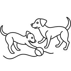 One Line Vector Illustration of Two Dogs Playing with a Ball in Minimalist Continuous Drawing Style, Minimal Dog Line Art, Dogs Playing Outline Vector, Modern Dog Sketch Drawing