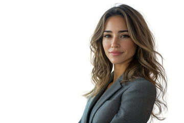 Portrait of a confident woman with long brown hair wearing a gray blazer, looking directly at the camera. background removed