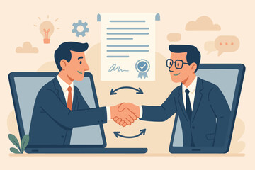 Virtual Business Partnership Agreement Handshake. Online Collaboration, Remote Contract Signing, Digital Deal, Internet Communication, Professional Teamwork, Telecommuting, Technology Concept