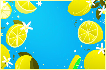 Summer Lemon fruit patterned banner with pouring sunlight from upper right corner, on blue textured background. Scattered lemon and lemon slices with leaves and flowers, with copy space. Vector.