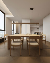 Cozy Home Kitchen Interior, Wooden Dining Table with Chairs, Warming White and Wooden Cabinet, Cooking Space, Furniture, Eating Table, Modern Apartment, 3D Rendering, Dining Zone