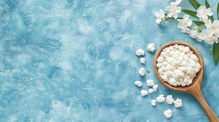 Kefir grains on a spoon with flowers