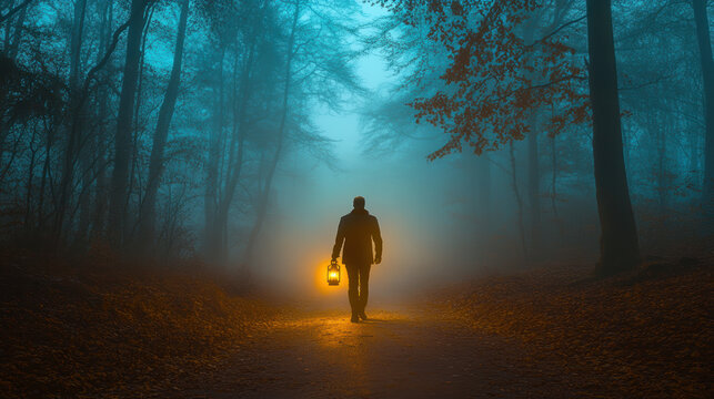 Lone figure walking through misty forest path with glowing lantern