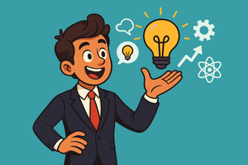 Confident Young Businessman Presenting Innovative Ideas and Creative Solutions, Light Bulb Inspiration, Business Success, Leadership, Growth, Motivation, Cartoon Vector Illustration