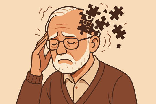 Senior Man Memory Loss Concept. Dementia Alzheimer’s Disease. Cognitive Decline in Elderly. Puzzle Pieces Brain Metaphor. Forgetfulness. Aging Mental Health. Vector Cartoon Illustration. - Powered by Adobe