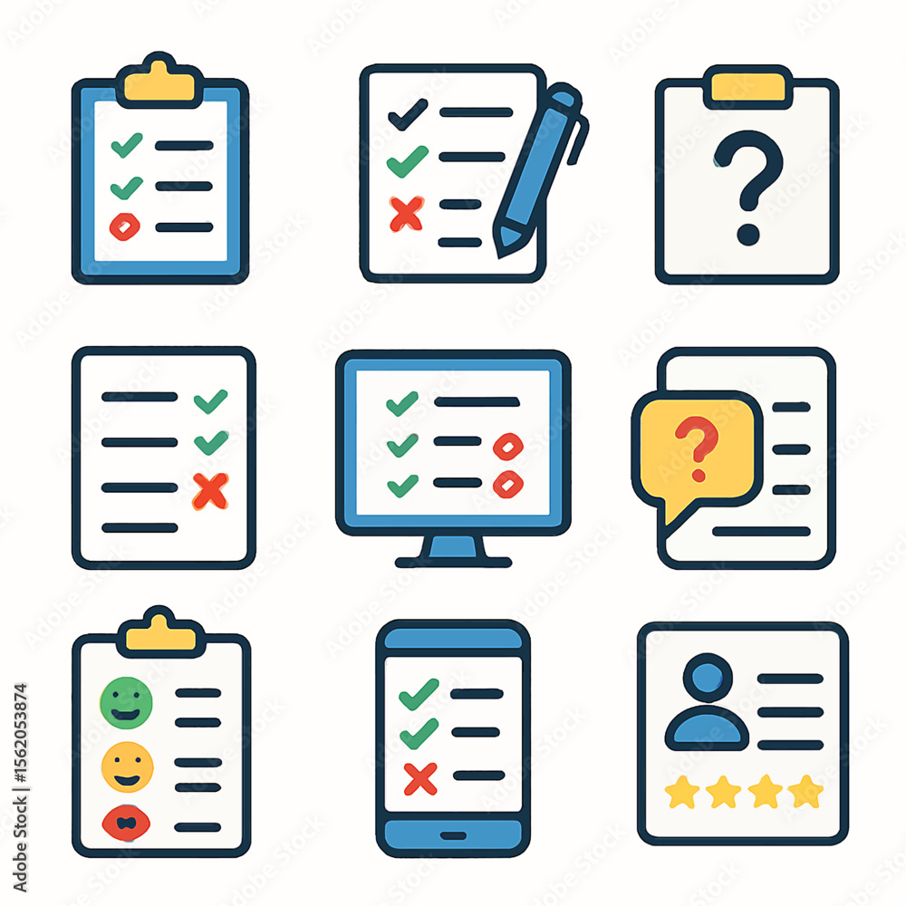 Poster checklist illustrations showing form, survey, questions, and evaluations in vector format
