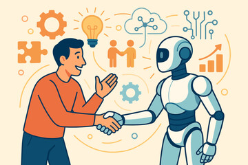 Human and Robot Collaboration, Artificial Intelligence Partnership, Technology Innovation, Business Handshake, Teamwork, Digital Transformation, Vector Illustration, Data, Cloud, Circuit, Growth