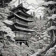 Anime Tilt Perspective in Woodcut Style for Modern and Traditional Fusion Art