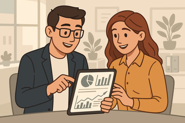 Business Teamwork Analysis, Man and Woman Collaborating on Digital Tablet with Graphs and Charts in Modern Office, Data Visualization, Corporate Strategy, Financial Report, Vector Illustration