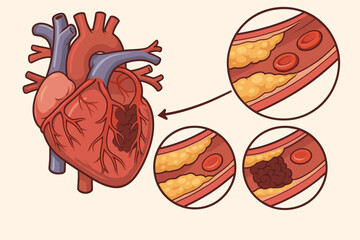 Human Heart Attack Pathology and Atherosclerosis Progression Vector. Coronary Artery Plaque Buildup, Blood Clot, Cardiovascular Disease, Medical Anatomy Illustration, Circulatory System Concept
