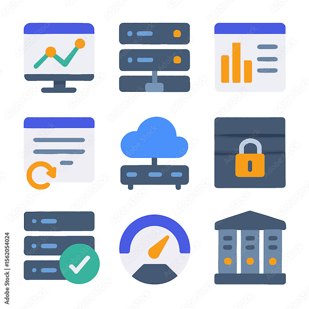 Poster cloud computing and data analysis icons represent server network technology