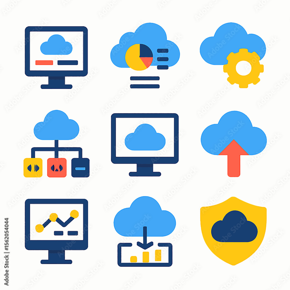 Poster cloud computing and data analysis vector icons featuring monitors, clouds, and charts