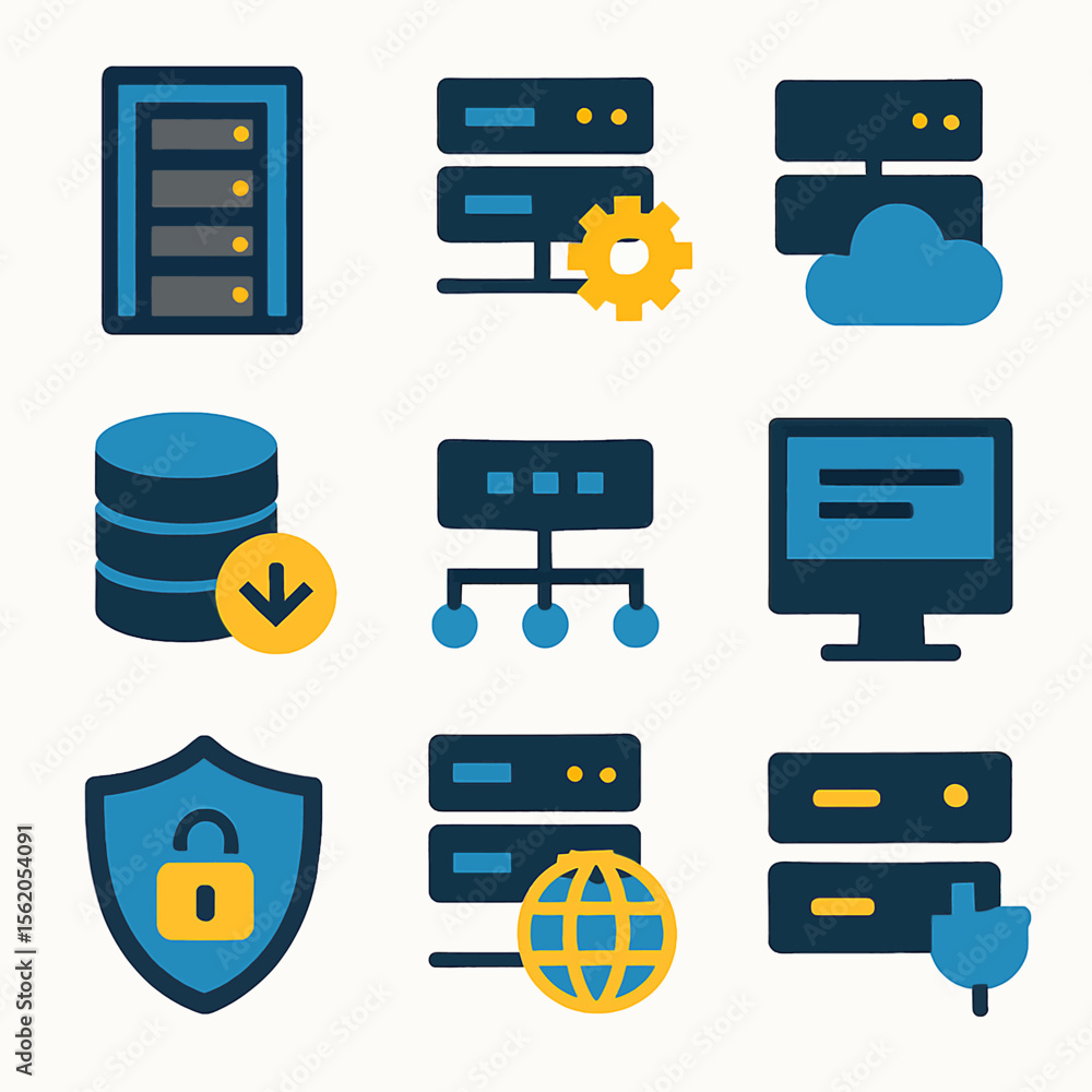 Poster cloud computing and network server icons depicting data storage and management