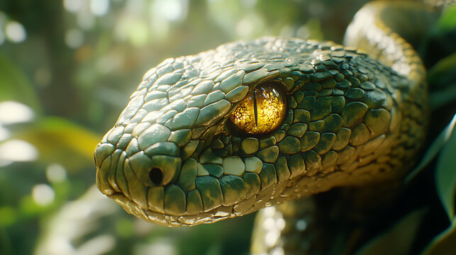Coiled python snake spotted in forest light high resolution picture