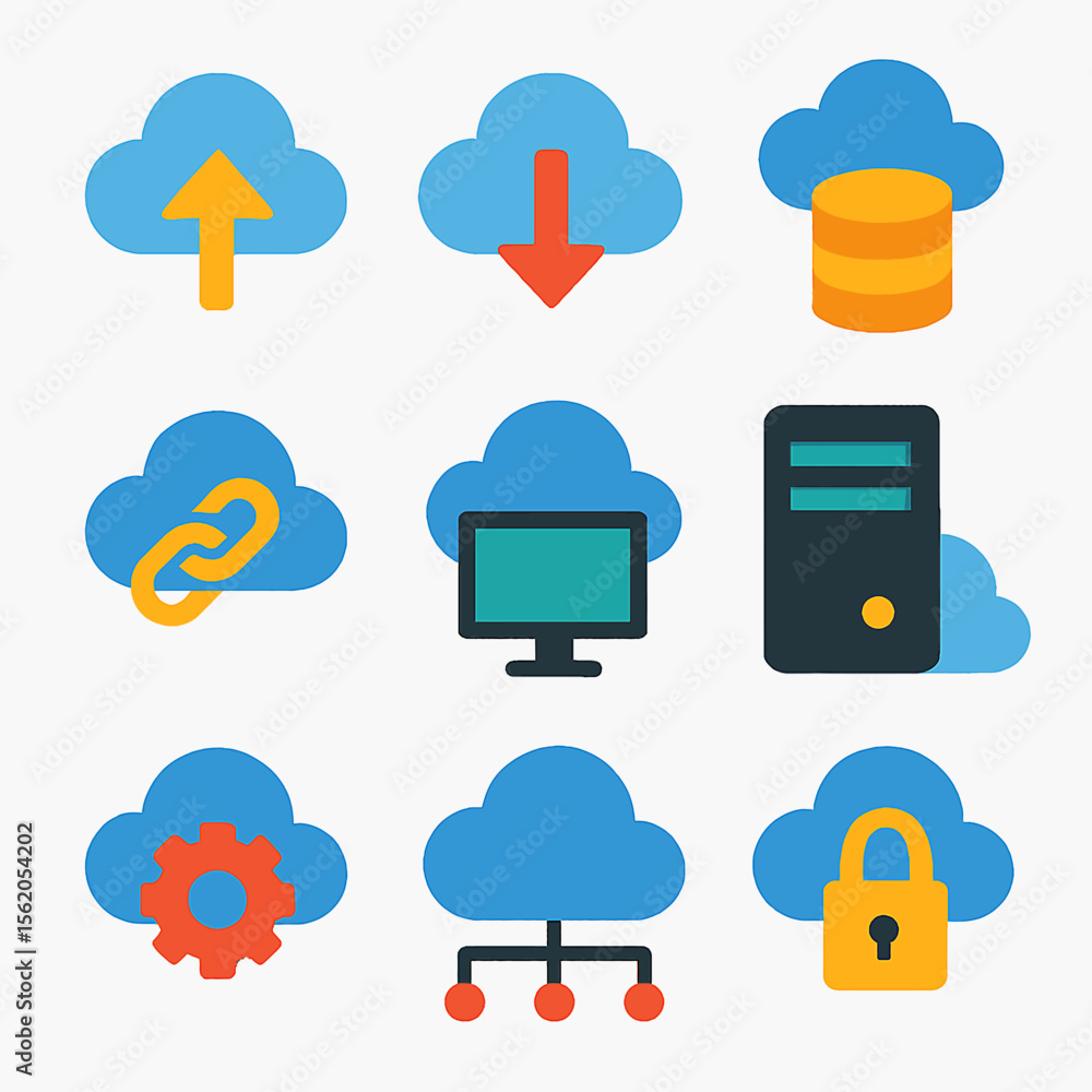 Poster cloud computing network icons representing server connectivity and data transfer