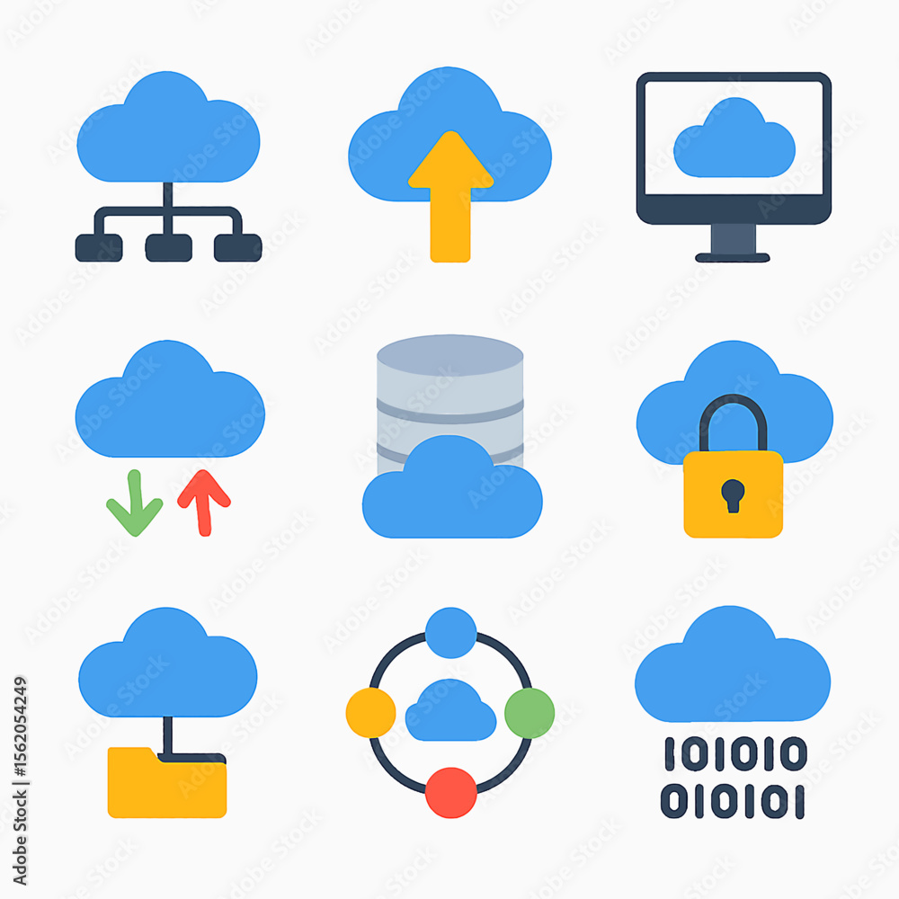 Poster cloud computing network infrastructure with data storage and security icons