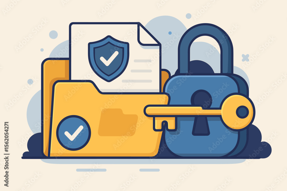 Poster cyber security data protection concept. secure digital file access with folder, shield document, pad
