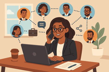 Fototapeta premium Businesswoman Remote Networking Digital Communication. Virtual Teamwork Collaboration. Online Office Workspace. Professional Woman Laptop Phone. Corporate Connections. Diverse Colleagues Concept.