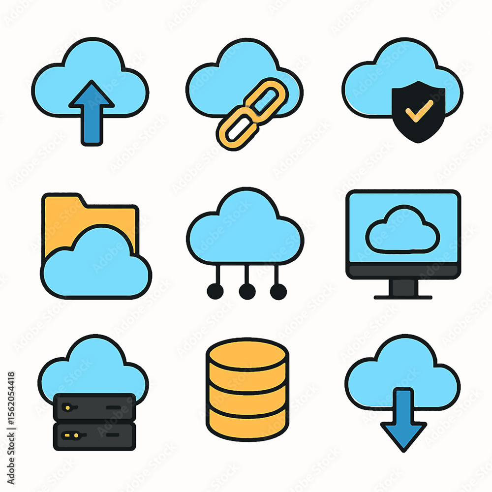 Poster cloud computing services and network technology concept illustration set for digital solutions