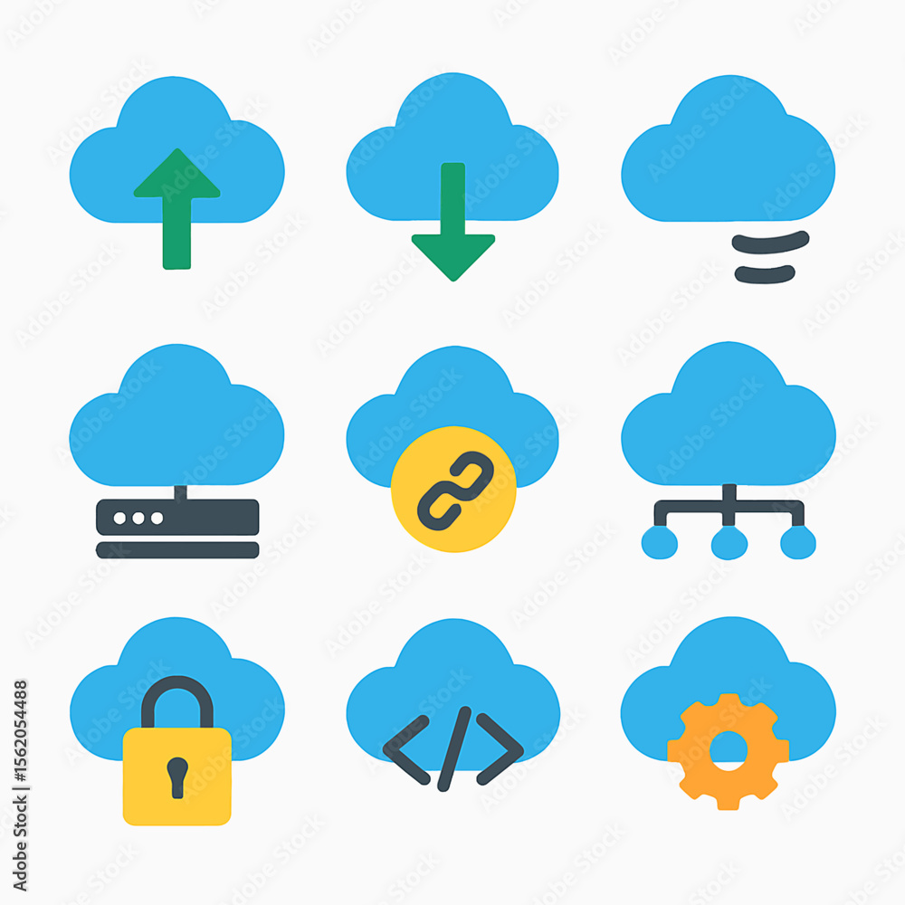 Poster cloud computing services icons set featuring data transfer, security and networking