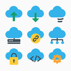 Obraz premium Cloud computing services icons set featuring data transfer, security and networking