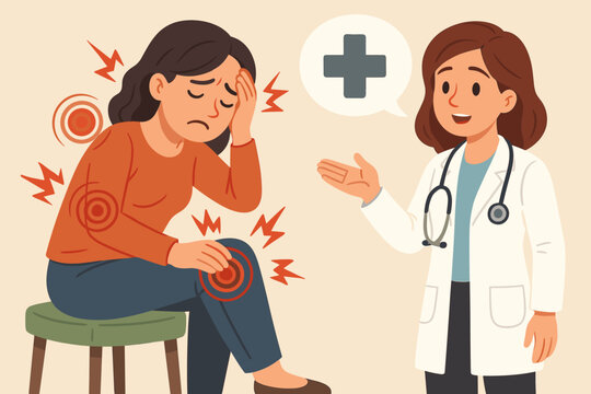 Woman suffering chronic pain in joints and muscles consulting doctor. Medical examination, healthcare advice, pain management, physical therapy concept. Patient seeking relief, vector illustration.