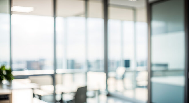 Blurred office interior with glass walls and cityscape view.