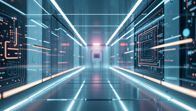 Futuristic technology corridor with circuit boards data processing ai innovation network computing system