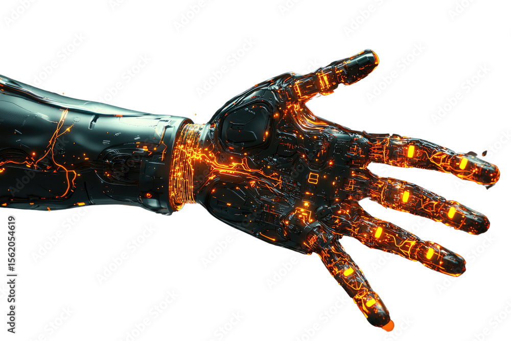 Poster a futuristic robotic hand with glowing orange circuits, extending in a welcoming gesture. background