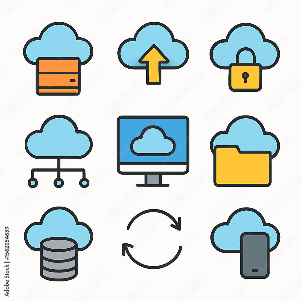 Aufkleber cloud computing technology vector icons featuring data storage and mobile access
