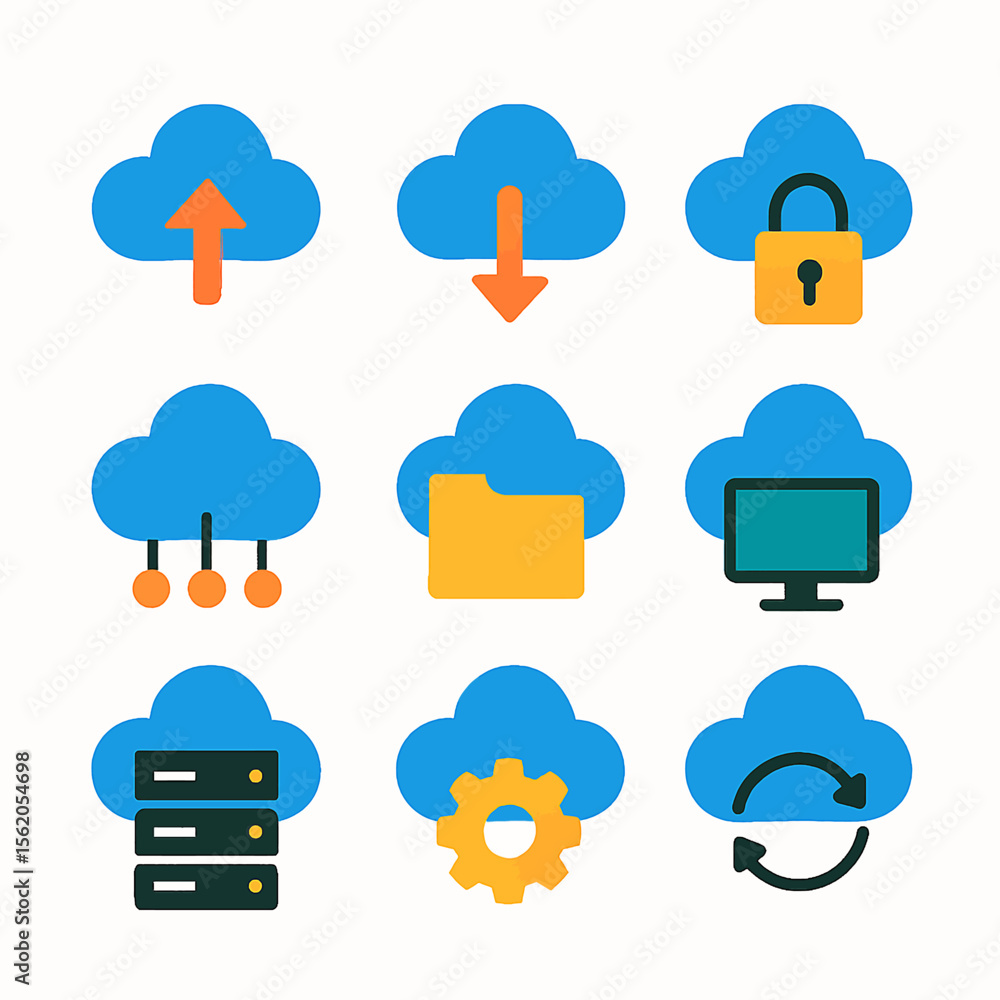 Poster cloud computing technology with upload download security and data connection icons set