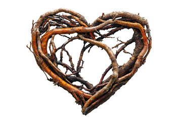 Intricate heart-shaped arrangement of intertwined tree roots, showcasing nature's artistry. background removed