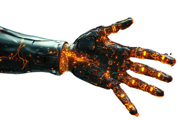 A futuristic robotic hand with glowing orange circuits, extending in a welcoming gesture. background removed
