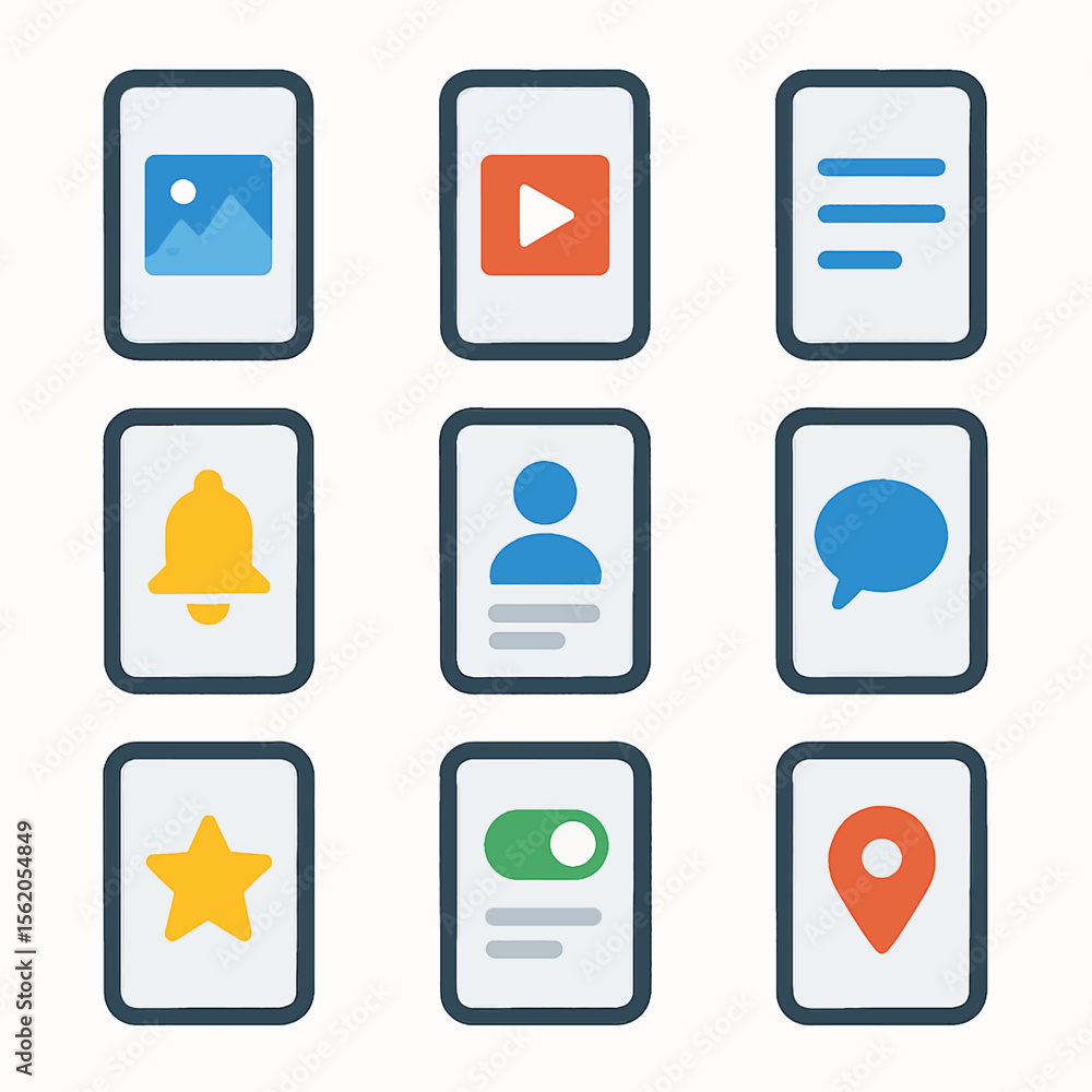 Poster collection of app icons in a flat design style representing various functions and features