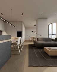 Modern scandinavian kitchen design with island and decor , 3d rendering 