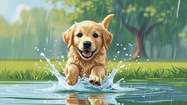 golden retriever in rainny water