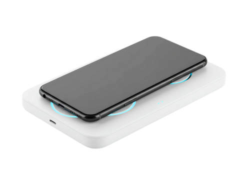 Modern smartphone charging wirelessly on a sleek  charging pad isolated on transparent background