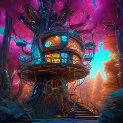 Futuristic Maximal Cybernetic Treehouse in Claymation Style