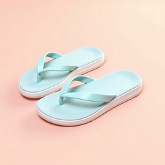 Pair of light teal flip flops on a peach background