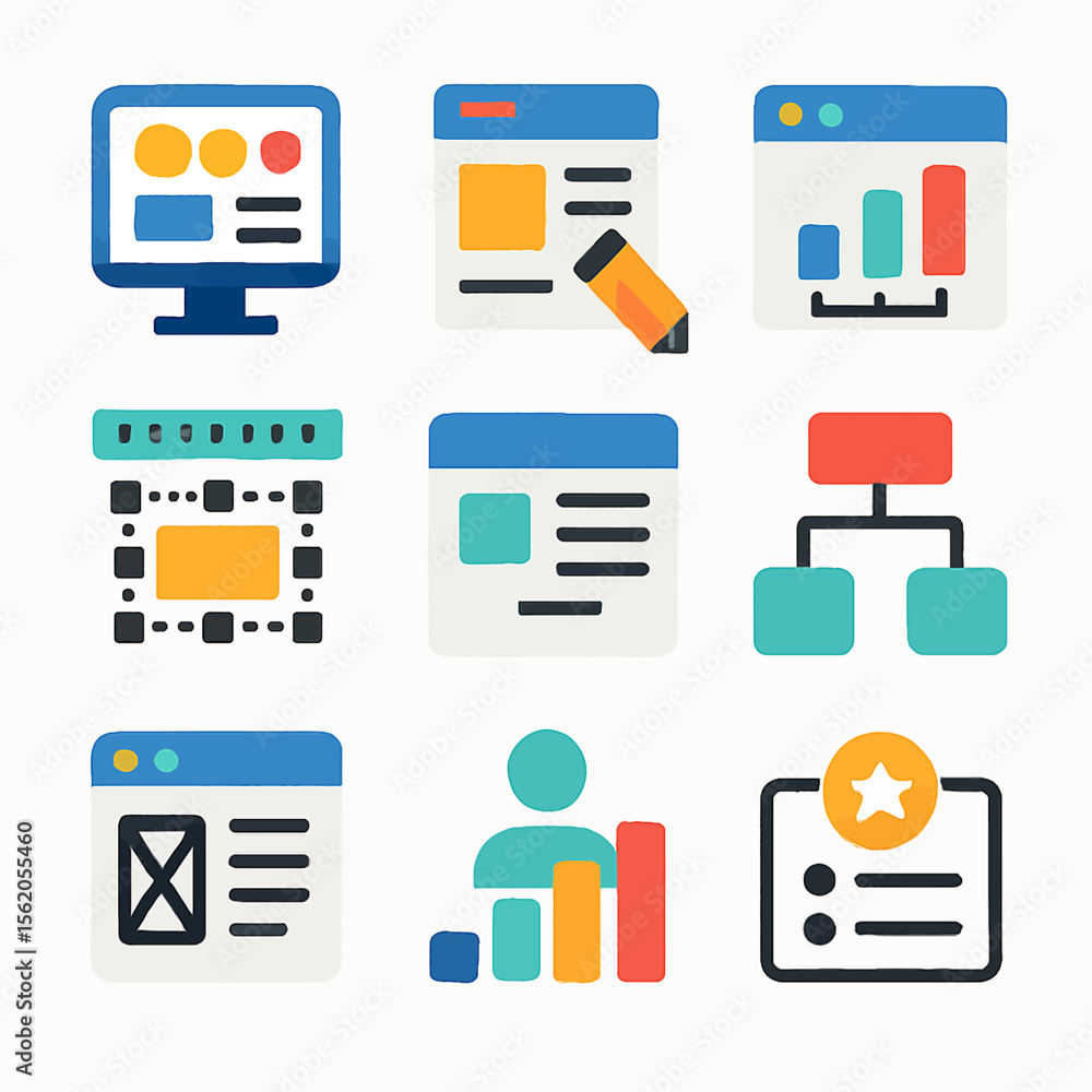 Poster collection of colorful flat design icons representing business and data analysis concepts