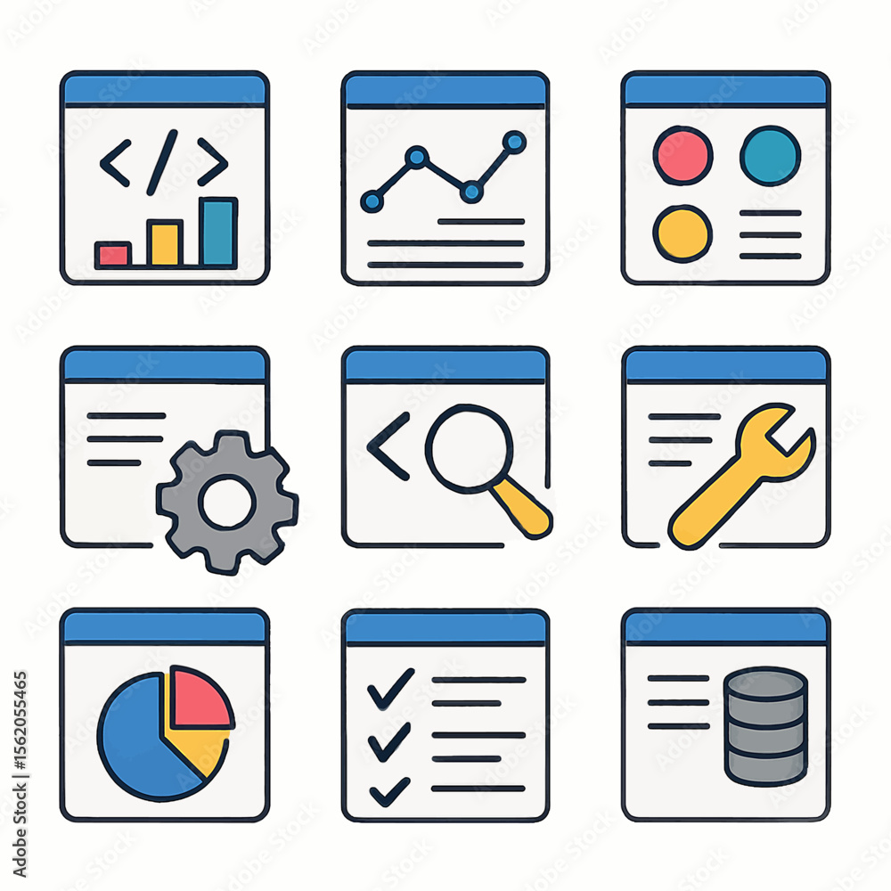 Poster collection of colorful data analytics and web development icons in a flat design style