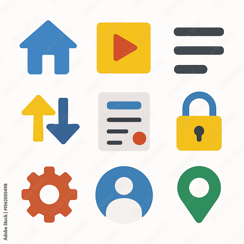Poster collection of colorful interface icons representing essential website navigation elements