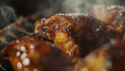 Grilled chicken wings with smoky glaze, showcasing close up of juicy texture and rich color, evoke mouthwatering experience