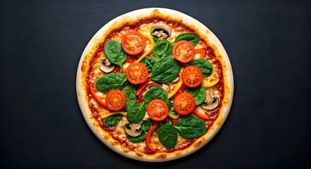 Homemade Veggie Pizza with Mushrooms Peppers Tomatoes and Spinach with dark background, top view