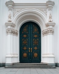 Obraz premium Ornate teal doors with architectural detail and white columns against a plain facade